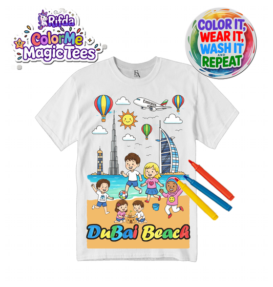 Rifda Colorme Washable Reusable Dubai Beach Vibes T-Shirt – Fun DIY Coloring Tee for Kids | Eco-Friendly & Reusable Fabric Markers Included