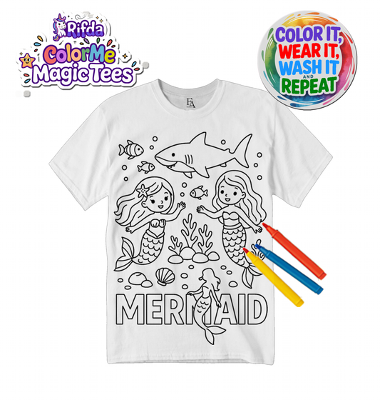 Rifda Colorme Washable Reusable Mermaid Ocean T-Shirt – Creative Kids Coloring Tee | Non-Toxic Washable Markers Included