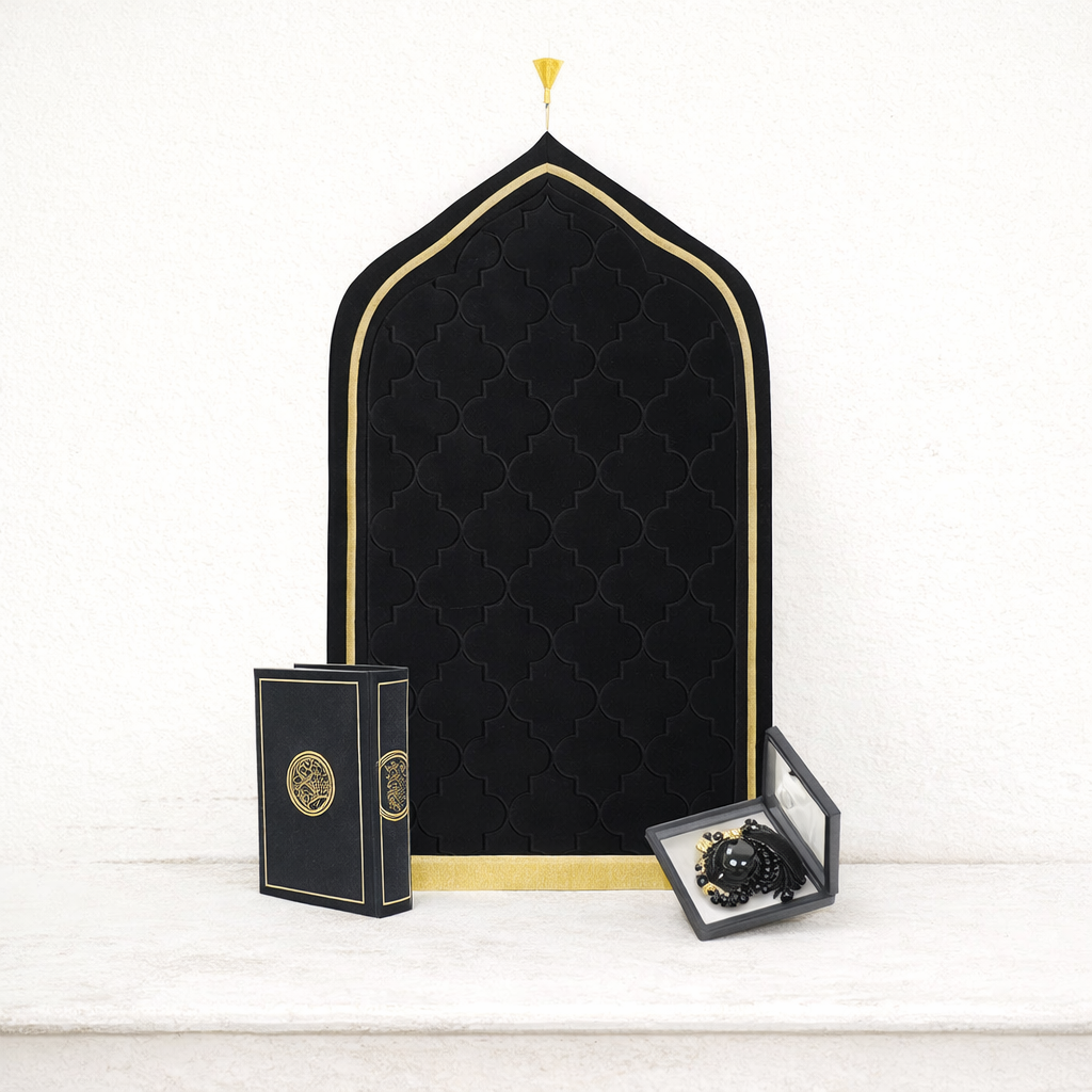 Prayer Gift Set for Men & Women, Muslim Prayer Rug, Salah Mat, Beads Taasbih, Arabic Holy Quran, Islamic Gift Set for Ramadan & Eid - Hadiya Islamic Store