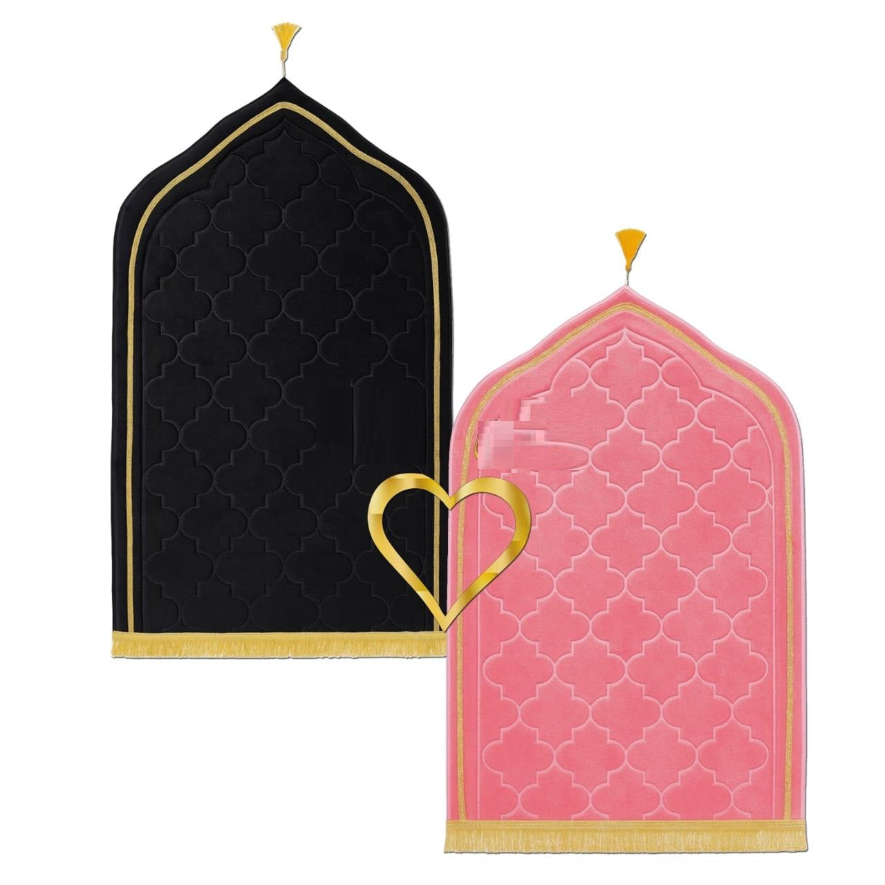Muslim Prayer Rug for Couples, Praying Mat Set for Women & Men, Heart Patterned, Soft, Prayer Beads, Islamic Gifts for Ramadan Eid Valentines Day- Premium Quality - Hadiya Islamic Store