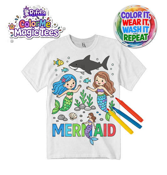 Rifda Colorme Washable Reusable Mermaid Ocean T-Shirt – Creative Kids Coloring Tee | Non-Toxic Washable Markers Included