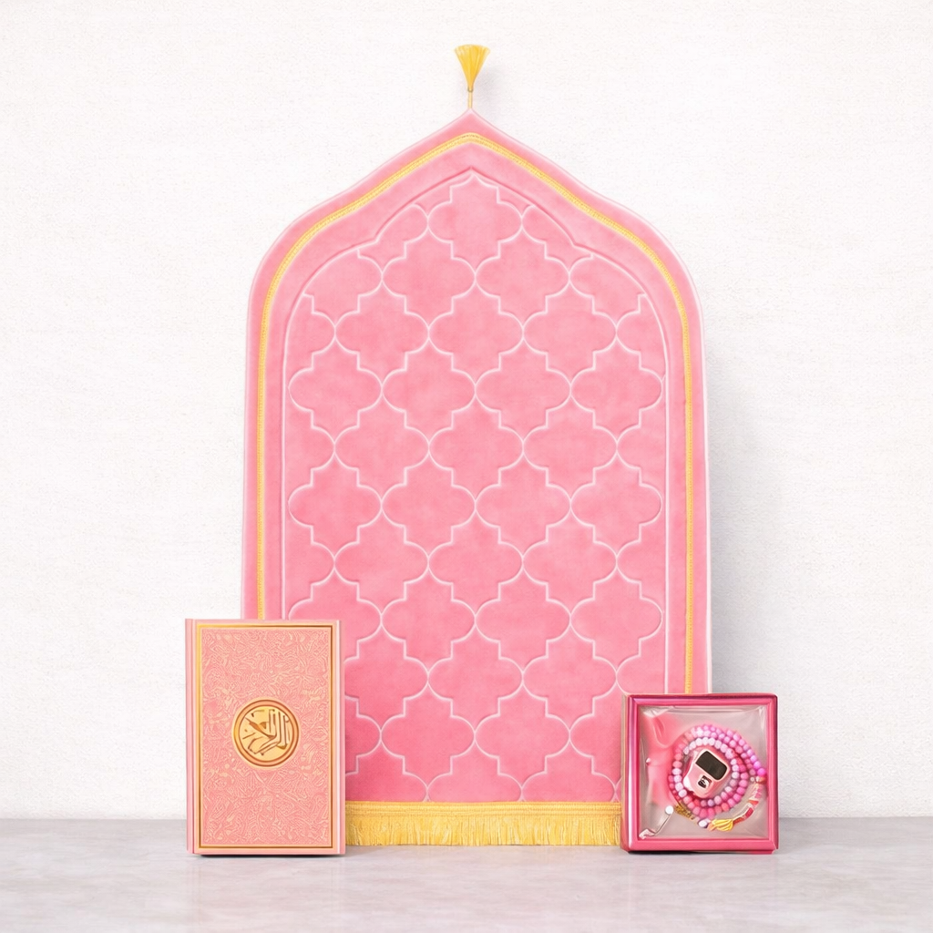 Prayer Gift Set for Men & Women, Muslim Prayer Rug, Salah Mat, Beads Taasbih, Arabic Holy Quran, Islamic Gift Set for Ramadan & Eid - Hadiya Islamic Store