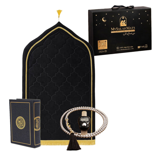 Black premium prayer gift set with Quran prayer mat and tasbih