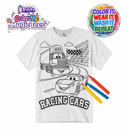 Rifda Colorme Washable & Reusable Coloring T-Shirt – Racing Cars Theme for Kids | Fun DIY Art Tee