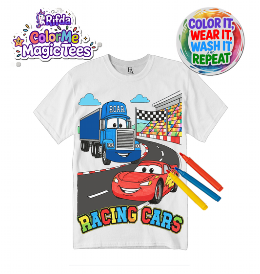 Rifda Colorme Washable & Reusable Coloring T-Shirt – Racing Cars Theme for Kids | Fun DIY Art Tee